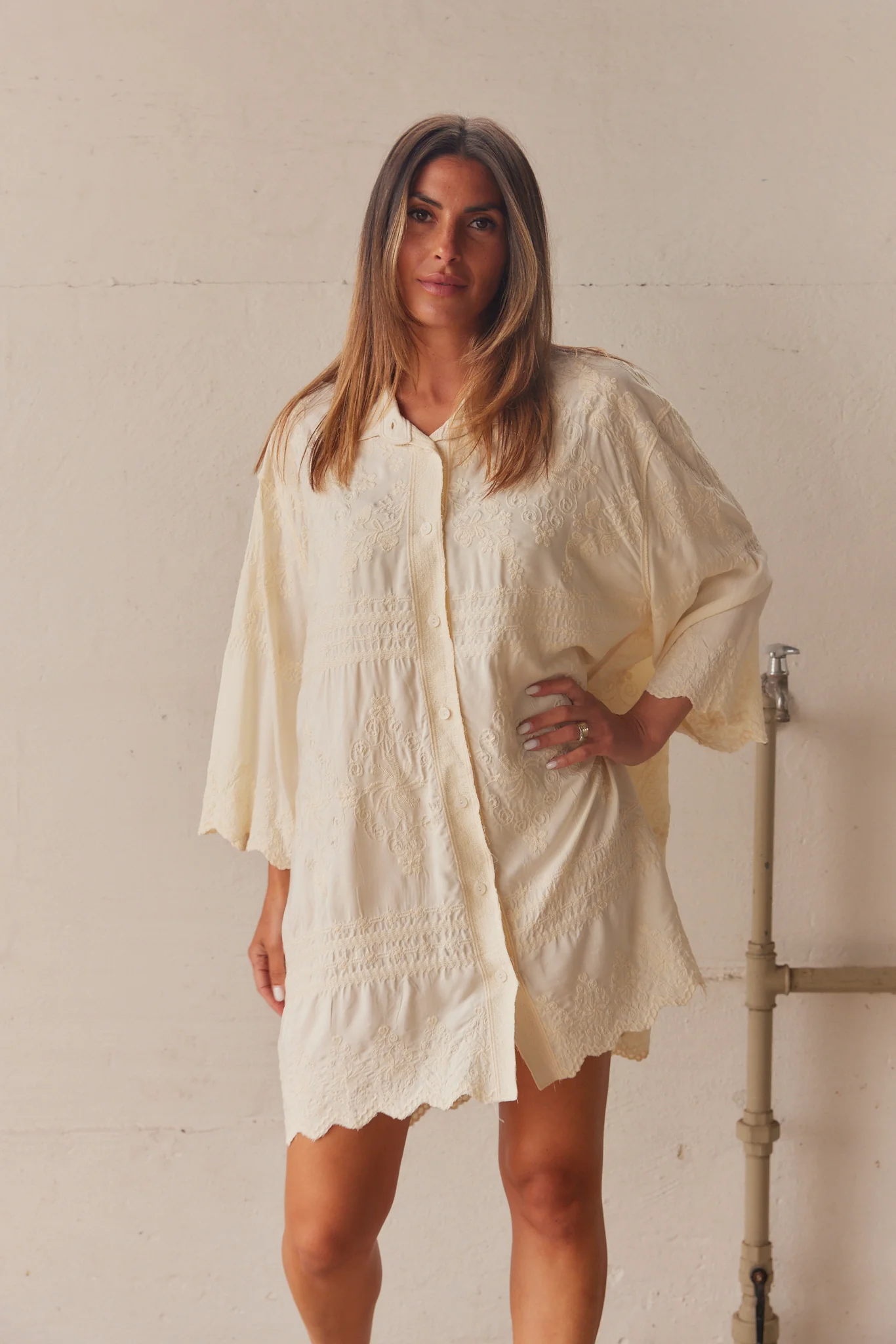 Embla Embroidered Shirt Dress | Beige