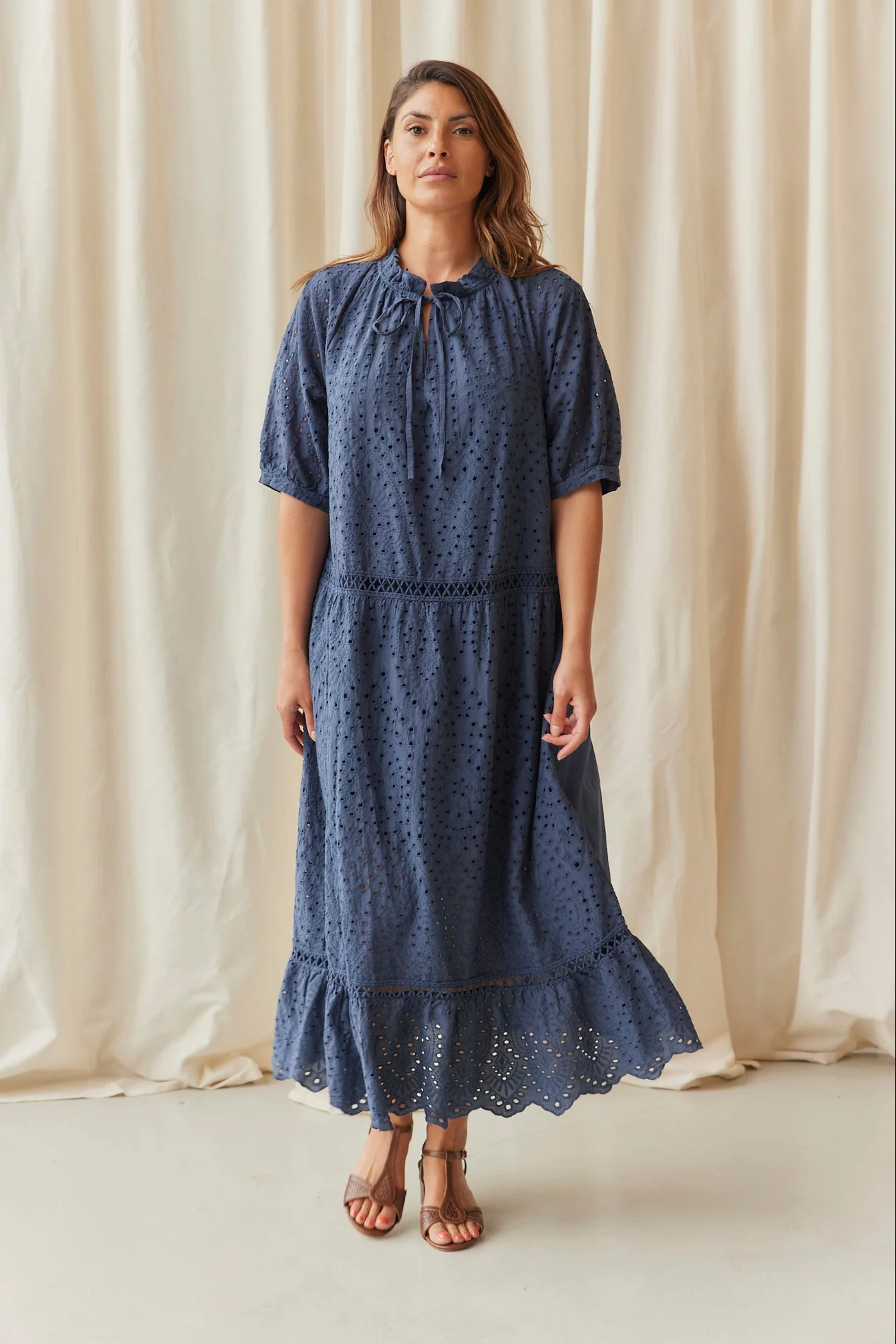 Embroidery Cotton Dress | Navy