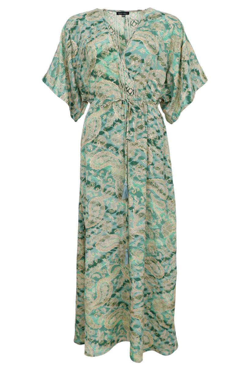 Luna Long V-Neck Dress | Floral Green | Kjole fra Black Colour