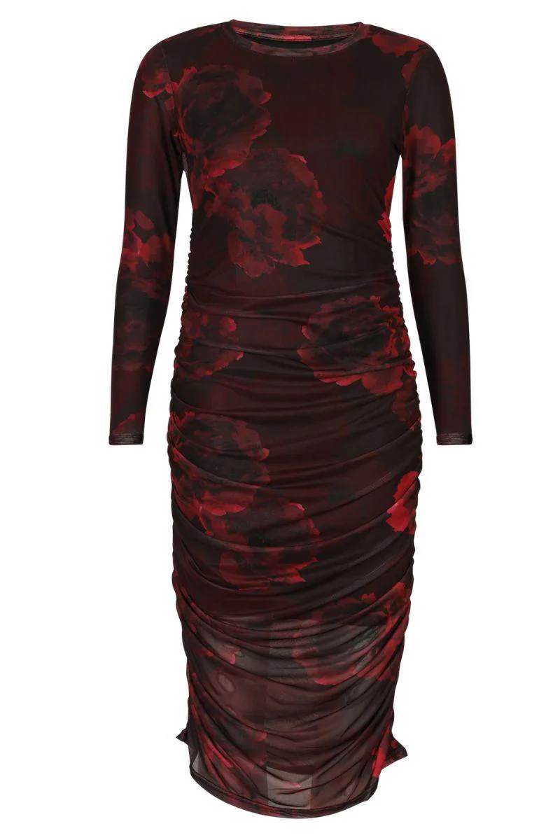 Mesh Ls Long Dress | Black Bordeaux Flower | Kjole fra Liberté