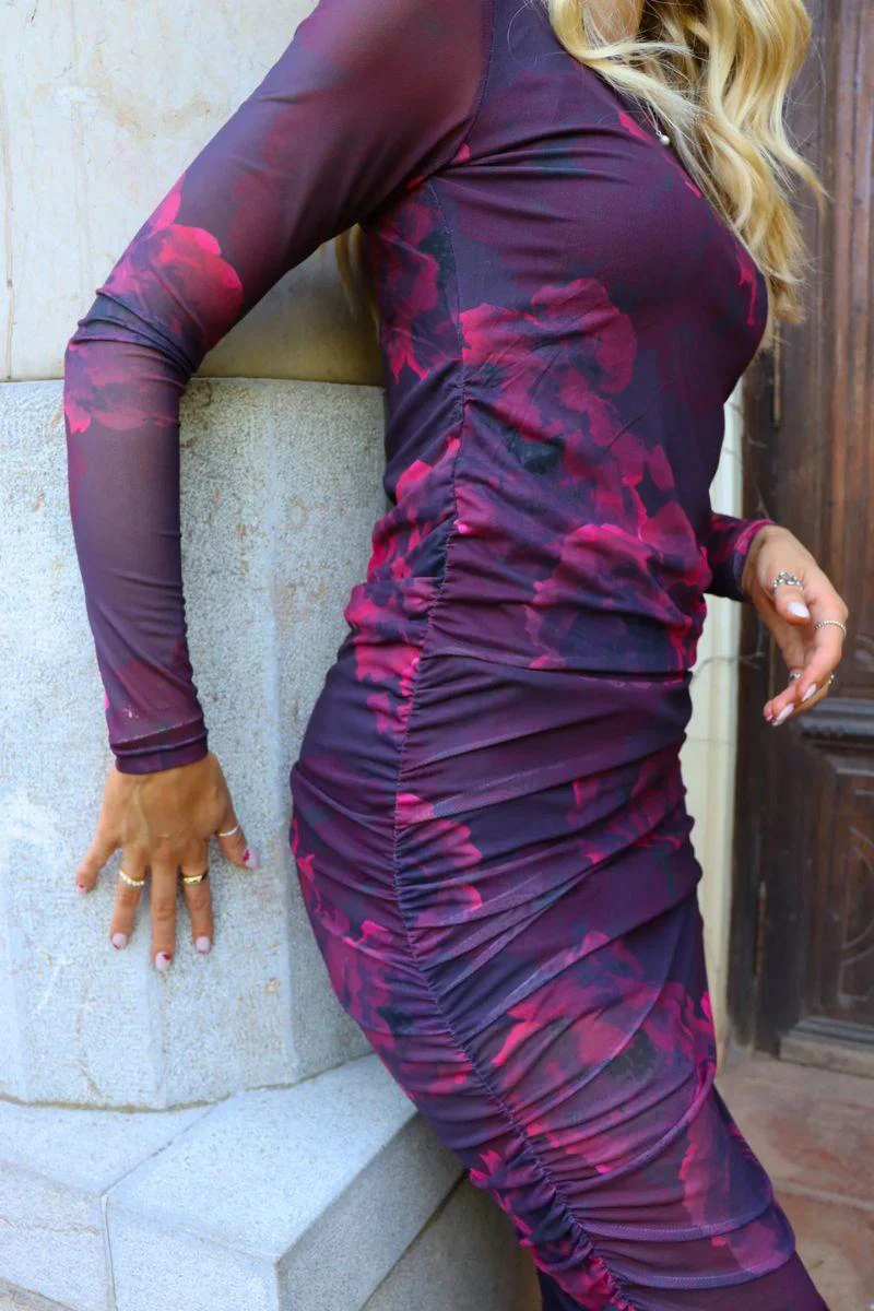 Mesh Ls Long Dress | Black Bordeaux Flower | Kjole fra Liberté - Image 5