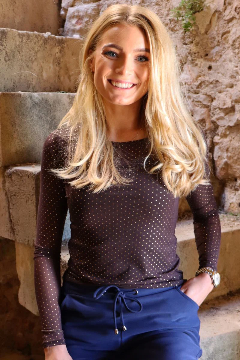 Mesh Ls Sparkle Tshirt | Dark Brown Gold Dot | Bluse fra Liberté
