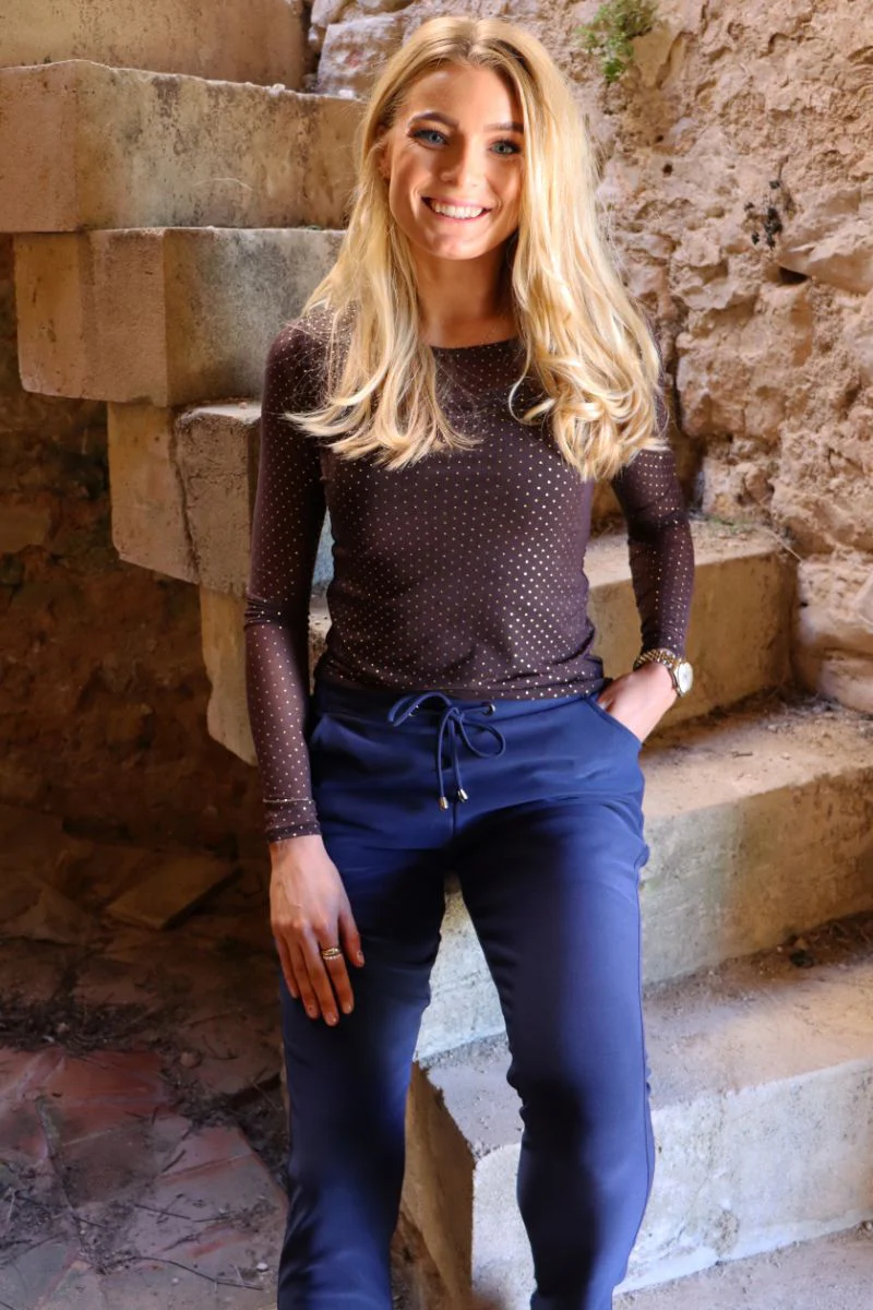 Mesh Ls Sparkle Tshirt | Dark Brown Gold Dot | Bluse fra Liberté - Image 3