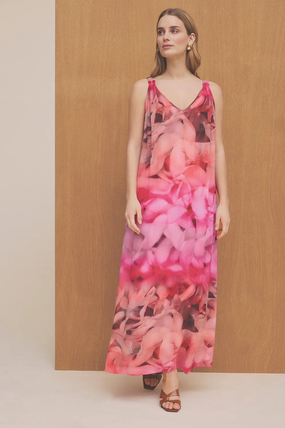 Minic Long Strap Dress | Coral w. Print | Kjoler fra Gustav