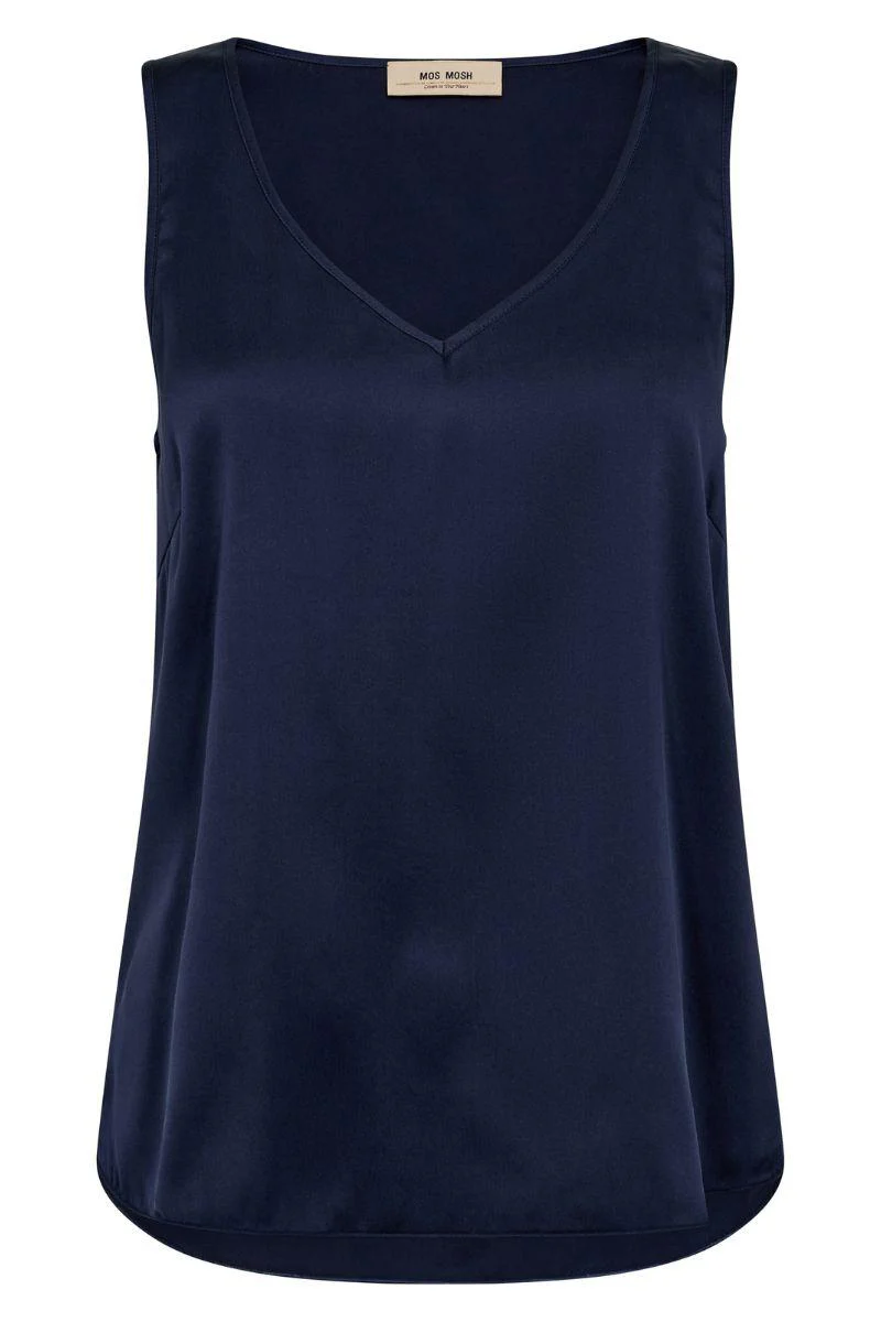 Astrid V-Neck Silk Tank Top | Maritime Blue | Bluse fra Mos Mosh