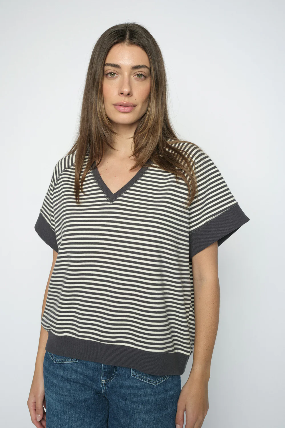 Holt V-SS Stripe Sweatshirt | India ink | Bluse fra Mos Mosh