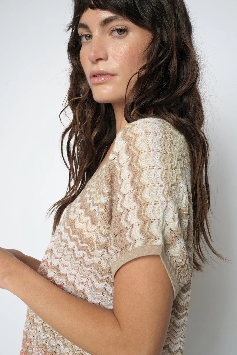 Shani Zig-Zag V-neck Knit | Ecru | Strik fra Mos Mosh