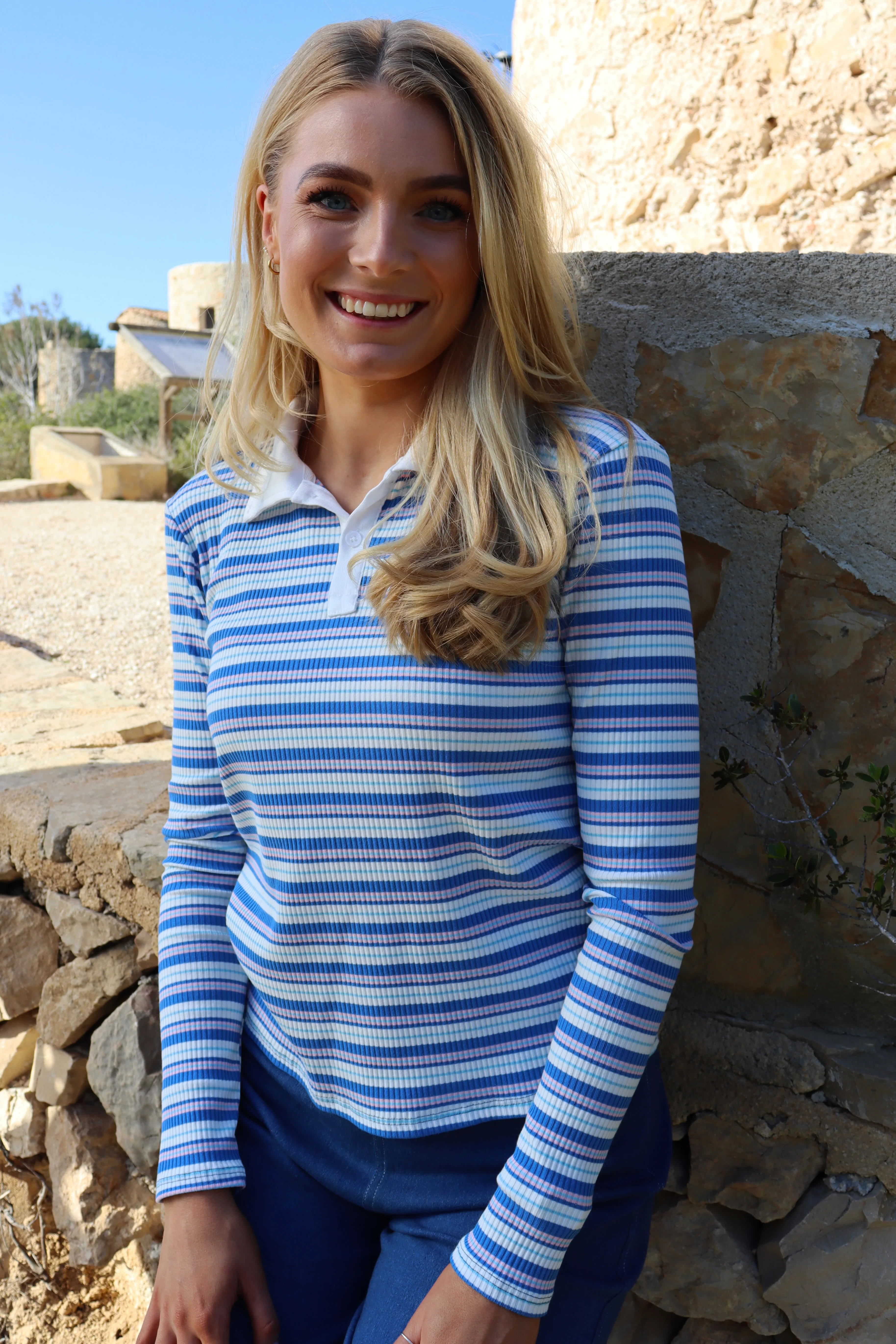 Natalia Ls Polo Blouse | Blue White Rose Stripe - Image 2
