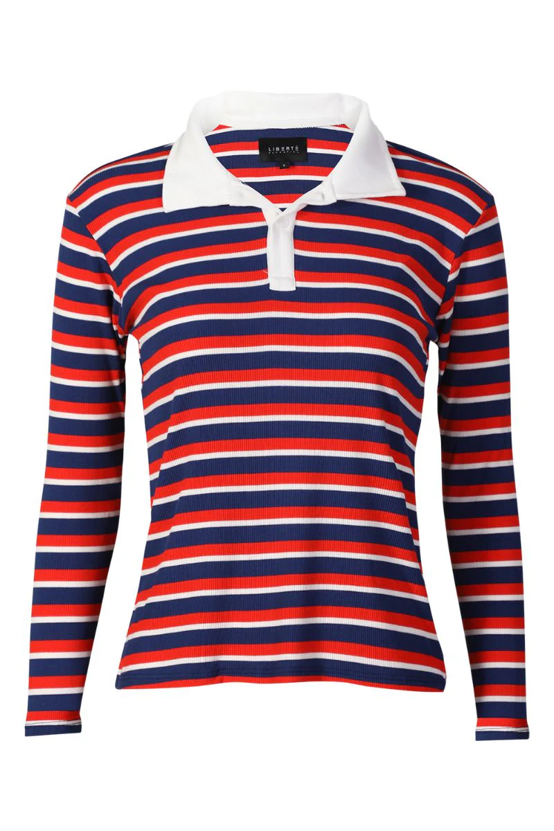 Natalia Ls Polo Blouse | Navy Red White Stripe | Bluse fra Liberté