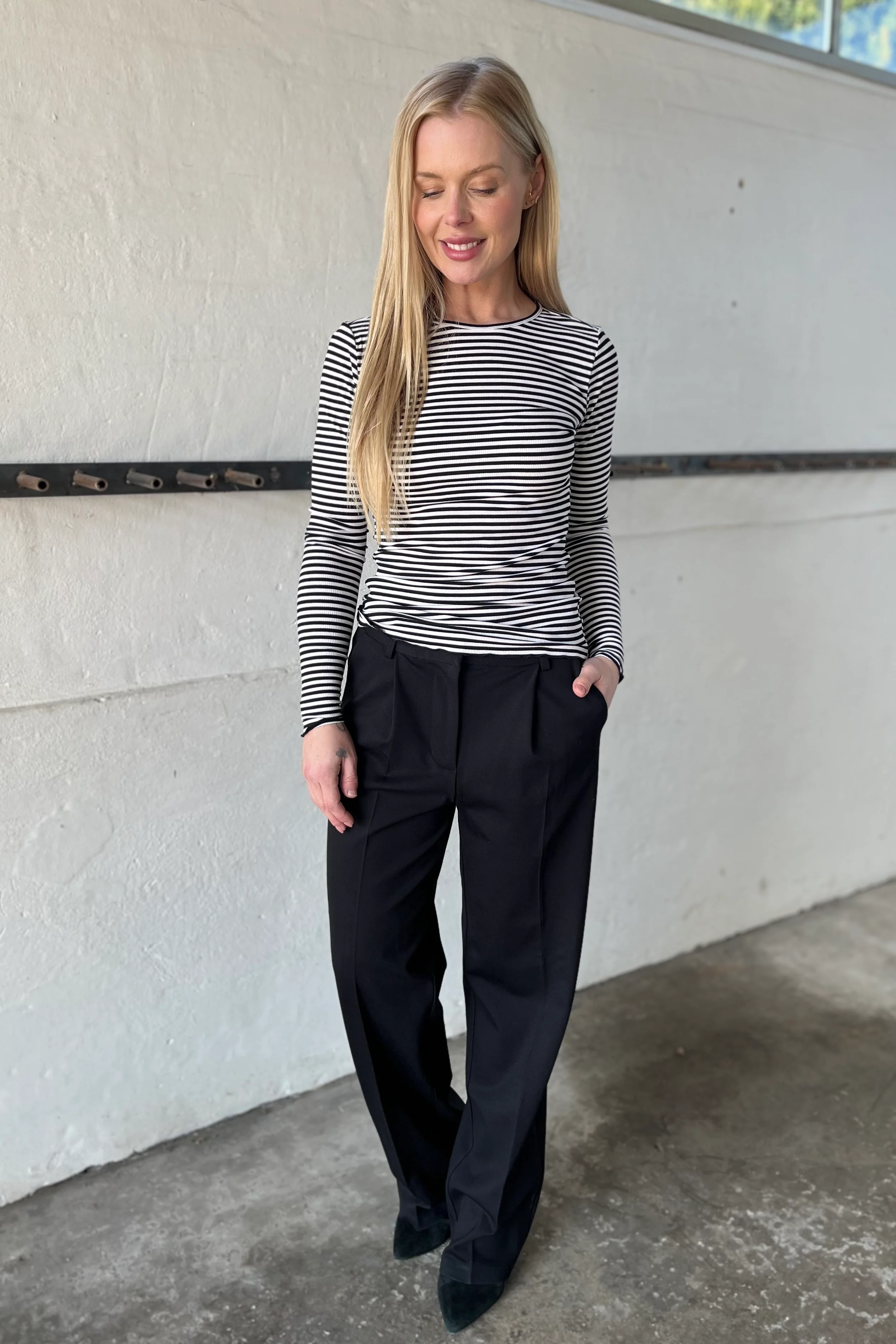 Natalia Ls Round Neck Blouse | Black Creme Small Stripe - Image 8