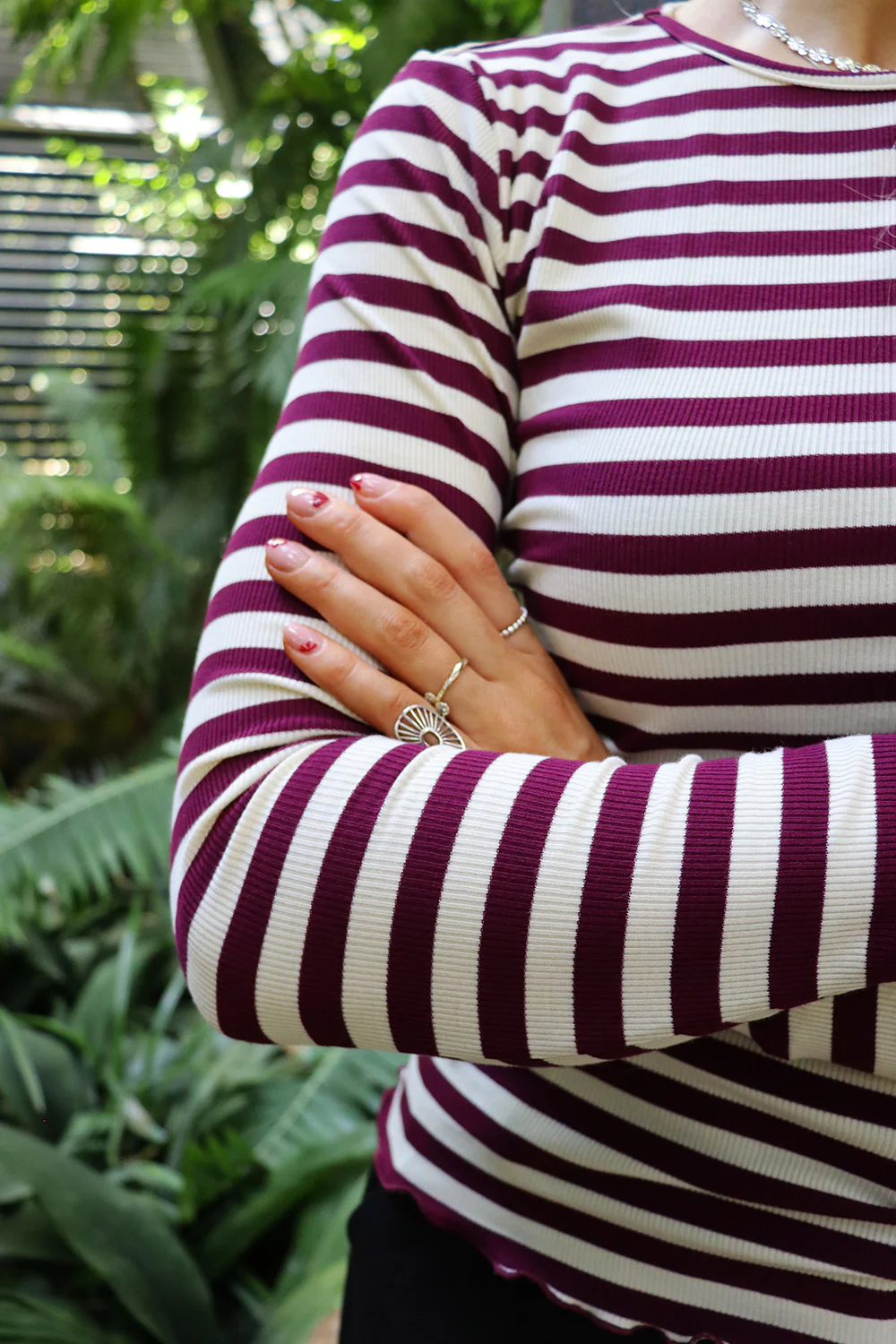 Natalia Ls Round Neck Blouse | Plum Creme Stripe - Image 2
