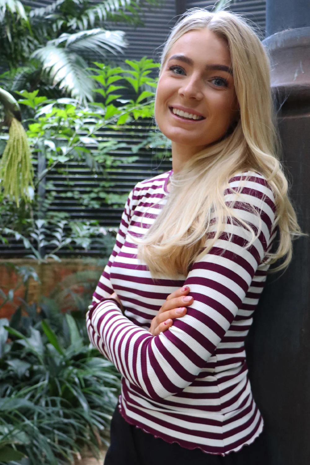 Natalia Ls Round Neck Blouse | Plum Creme Stripe - Image 3