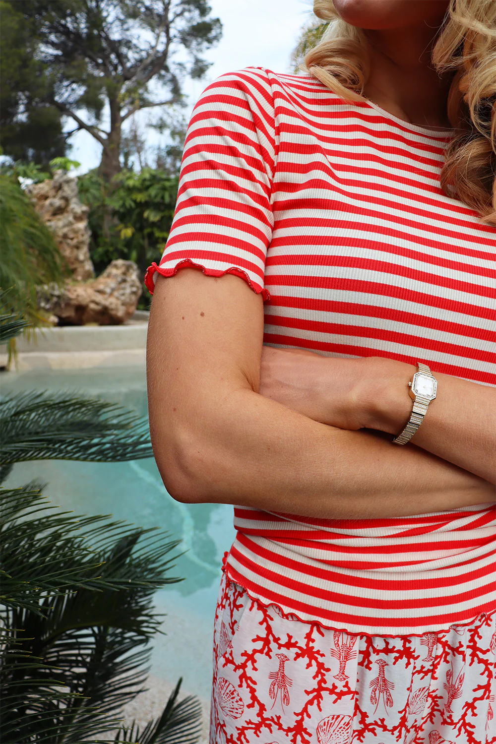 Natalia Ss Blouse | Lobster Red Creme Stripe - Image 3
