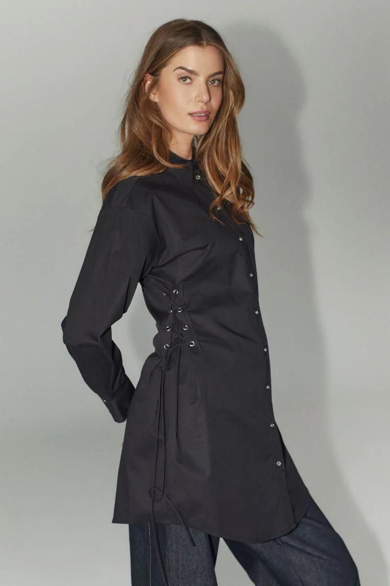 Poppy Eyelet Tie Shirt Dress 36525 | Black | Kjole fra Co'couture