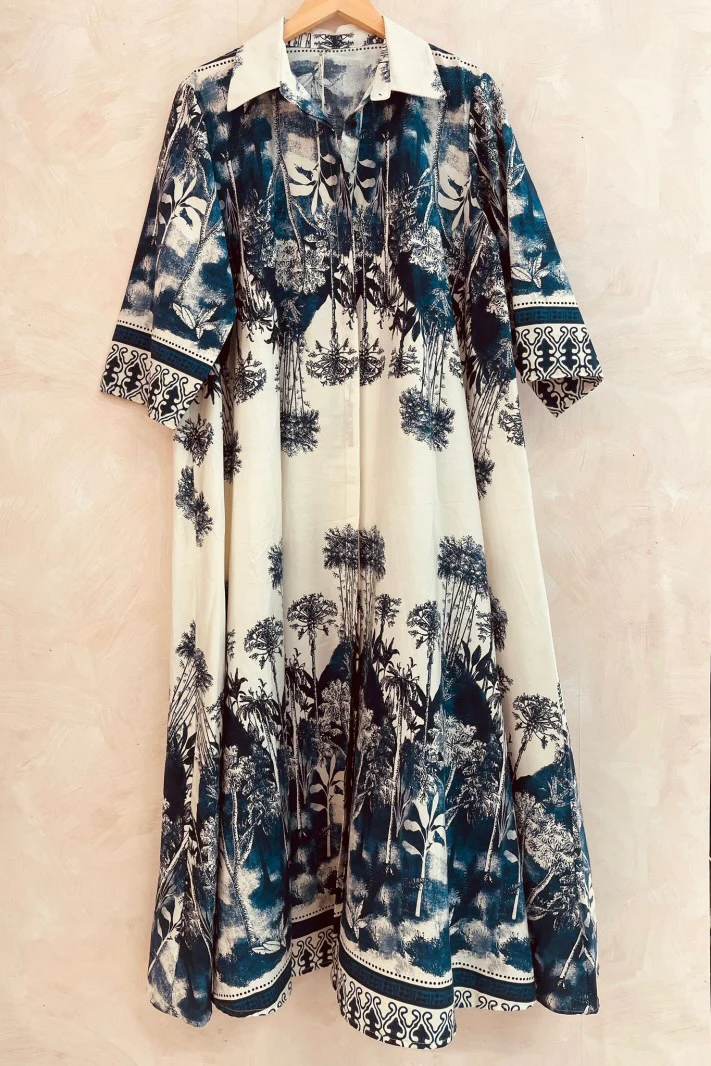 Printed Cotton Dress | Blå | Kjole fra Atelier C