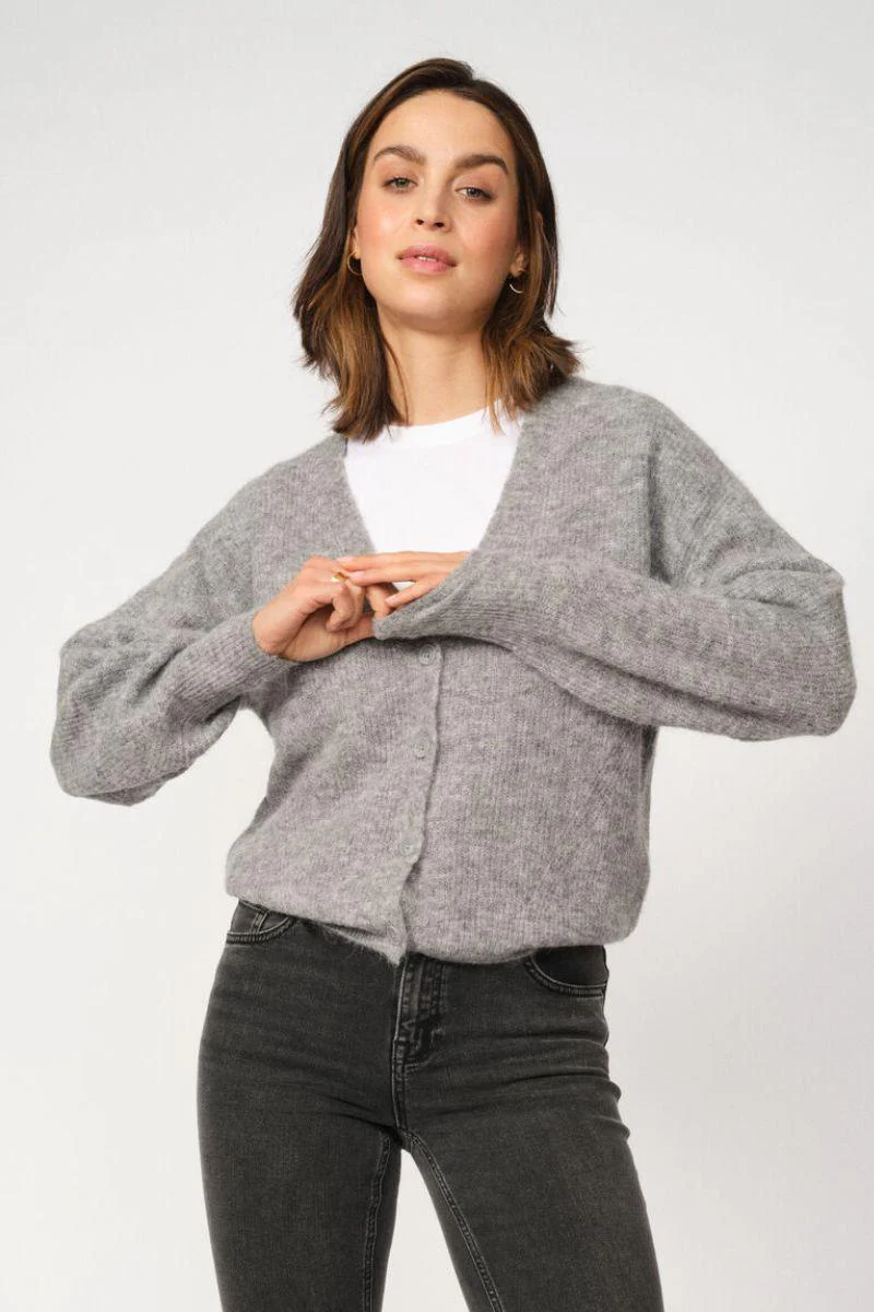 Thora V-Neck Knit Cardigan | Grey Melange | Strik fra Mos Mosh - Image 7