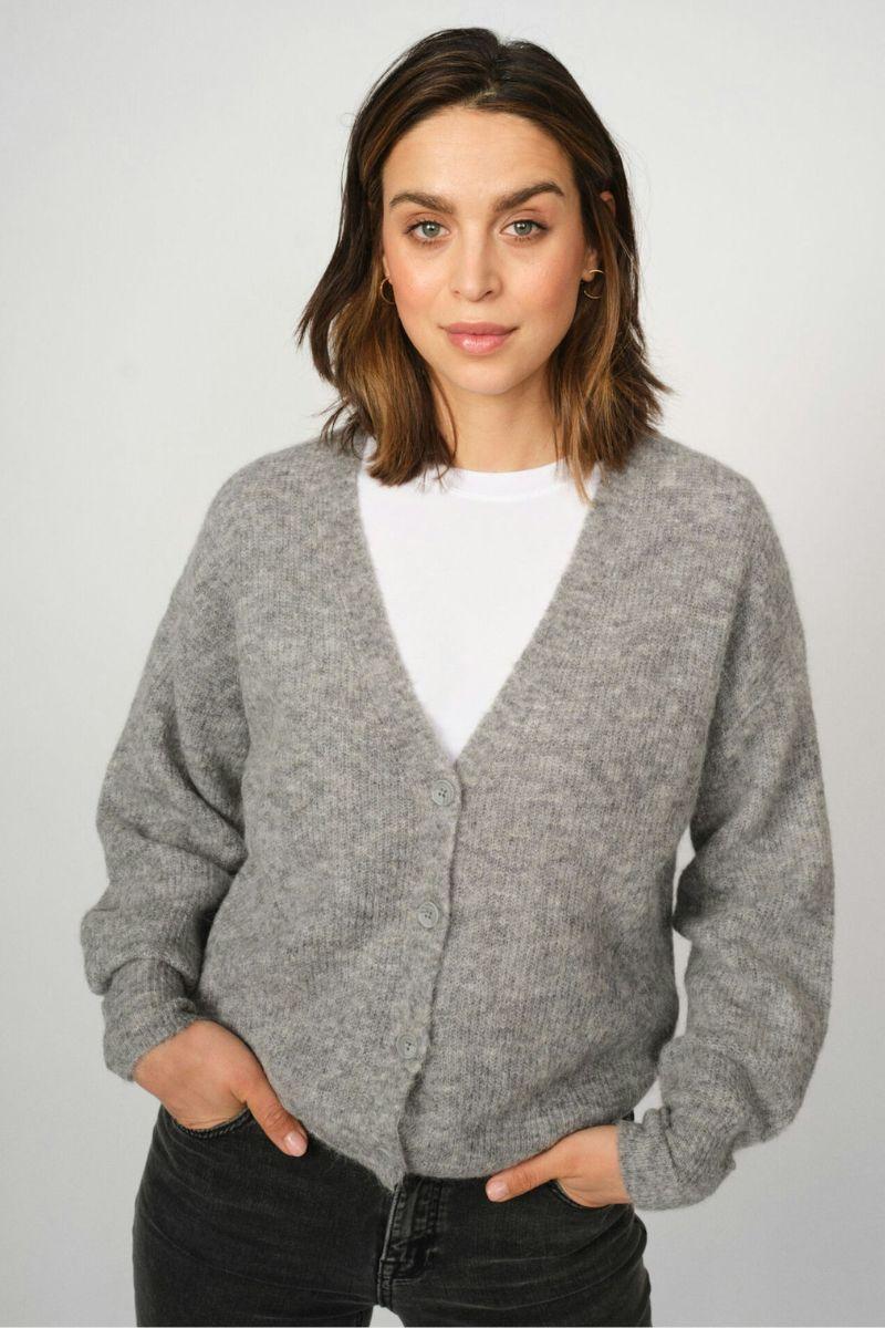 Thora V-Neck Knit Cardigan | Grey Melange | Strik fra Mos Mosh - Image 8